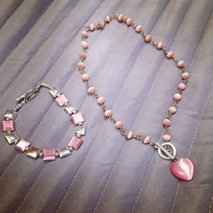 Silver and Pink Heart Shaped Necklace Set